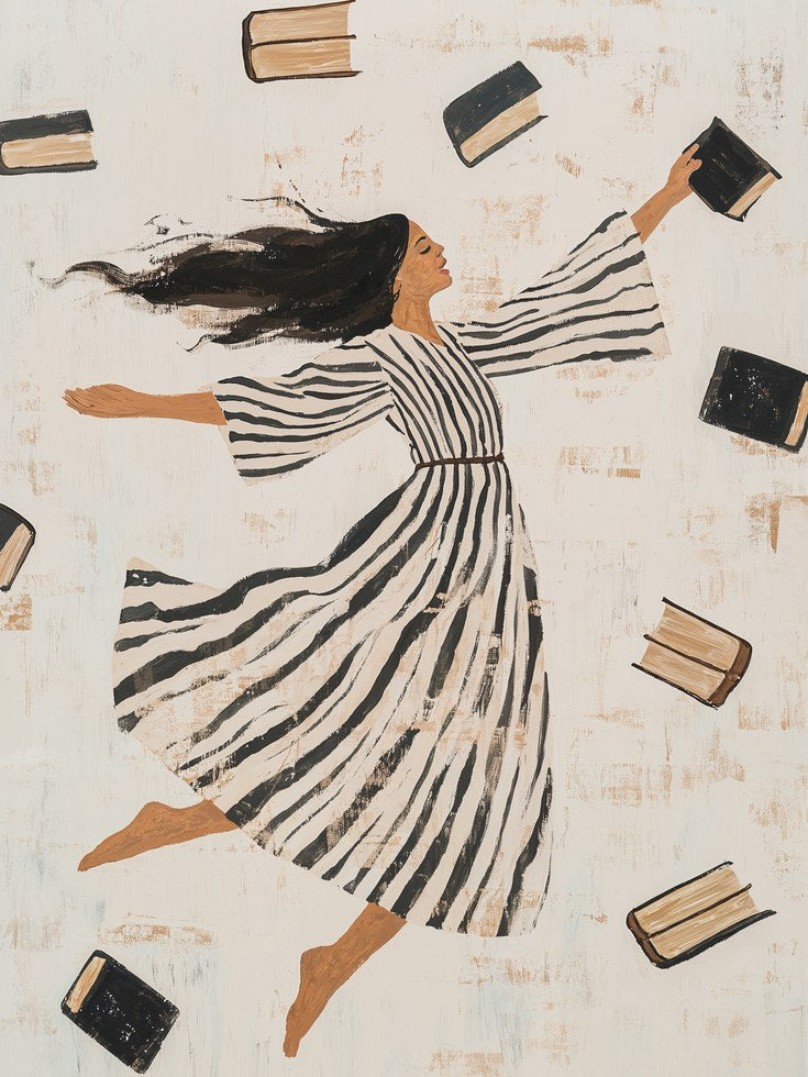 Whimsical Reading Art: Floating Books and Striped Dress (Unframed Prin - artwork on paper
