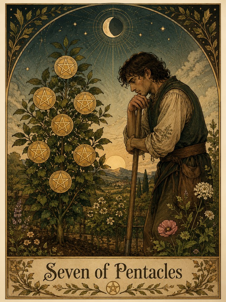 Tarot Card Wall Art – Seven of Pentacles Print - artwork on paper