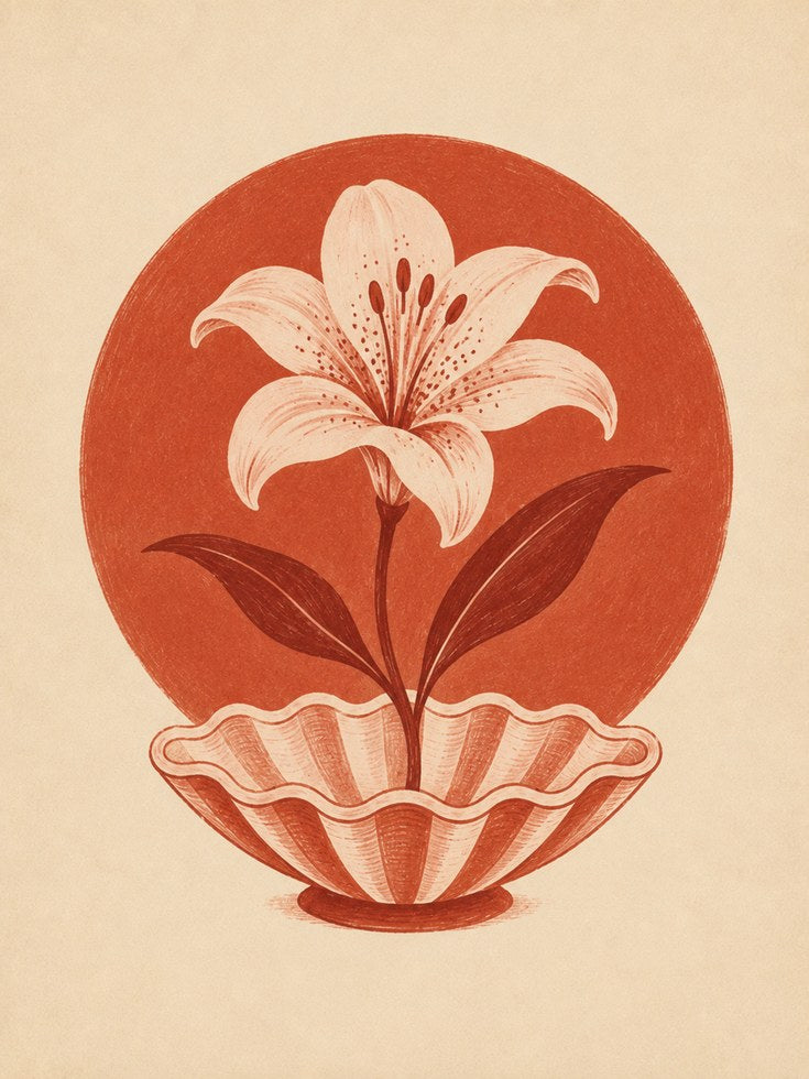 Lily Flower in Shell Art Print: Vintage Botanical Terracotta - artwork on paper