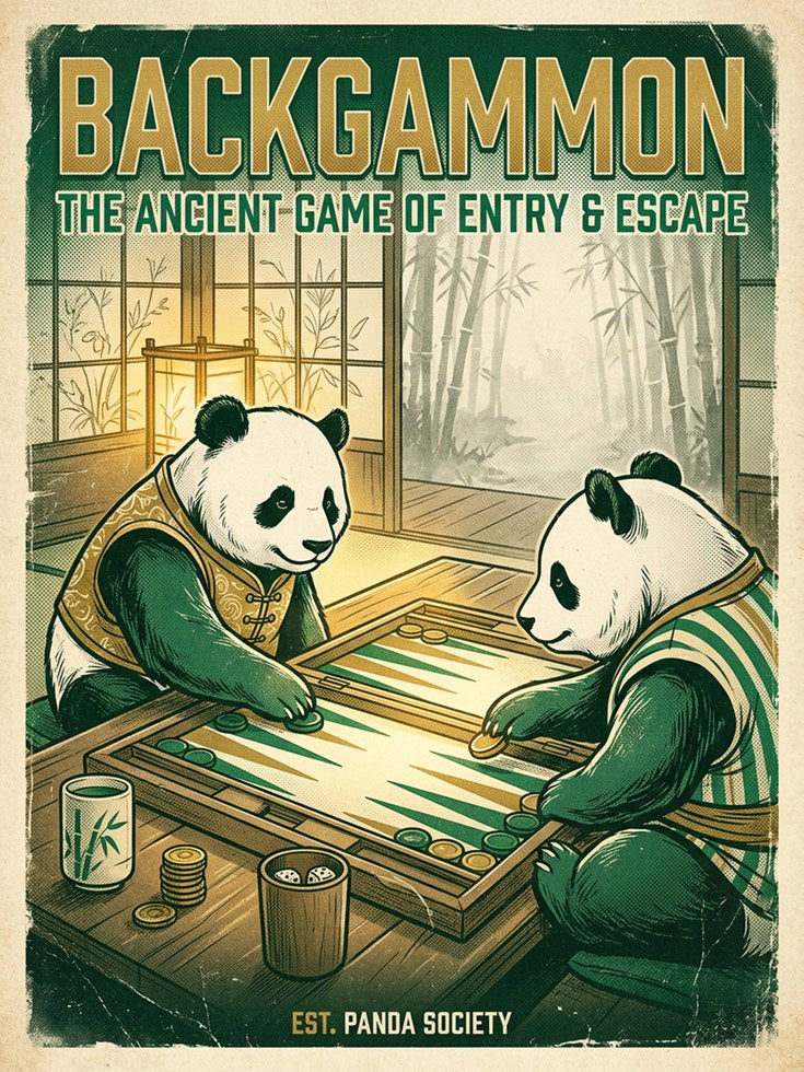 Backgammon Pandas Art Print: Vintage Game Room Wall Art - artwork on paper