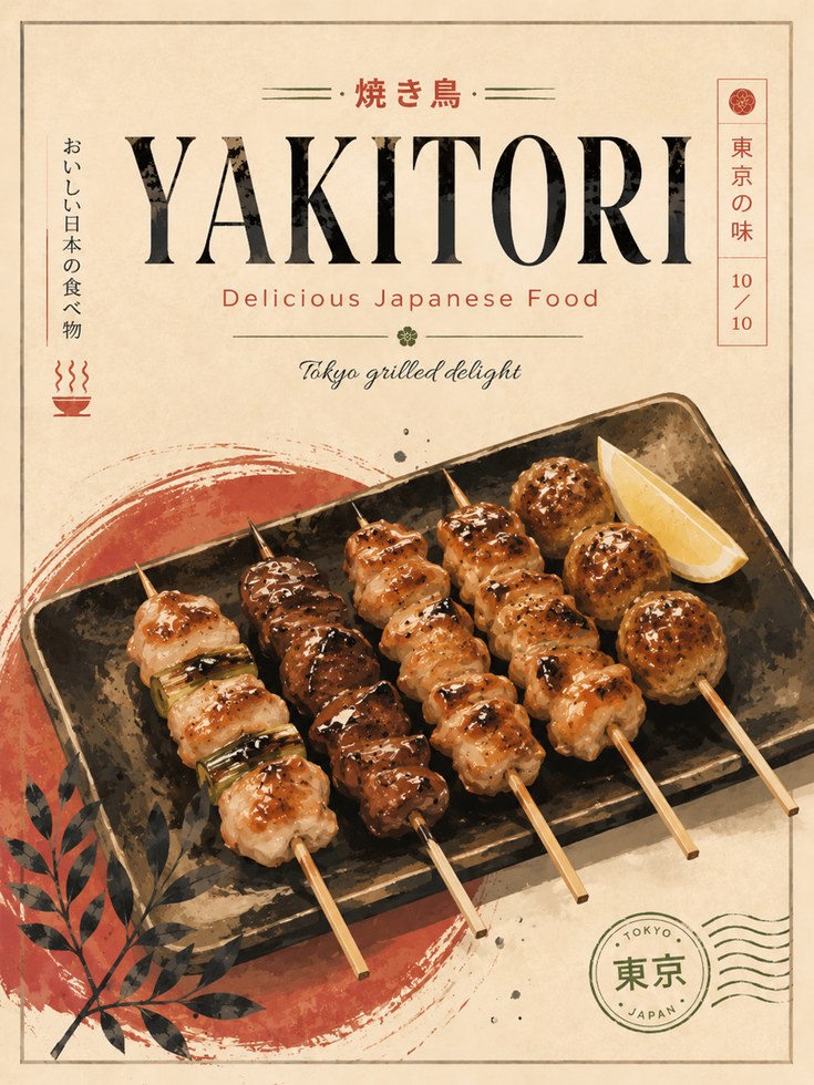 Yakitori Japanese Print: Vintage Tokyo Food Poster - artwork on paper