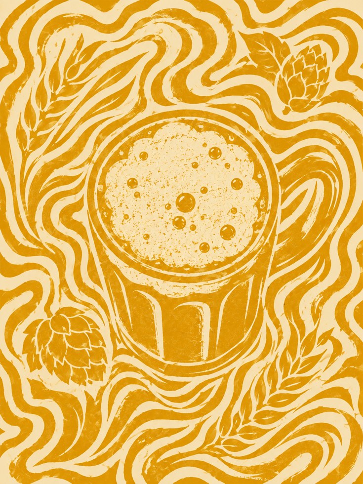 Craft Beer Art Print: Art Nouveau Golden Hops and Barley Design - artwork on paper
