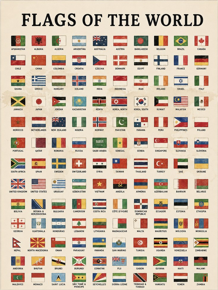 Flags of the World Educational Poster: Vintage Reference Chart - artwork on paper