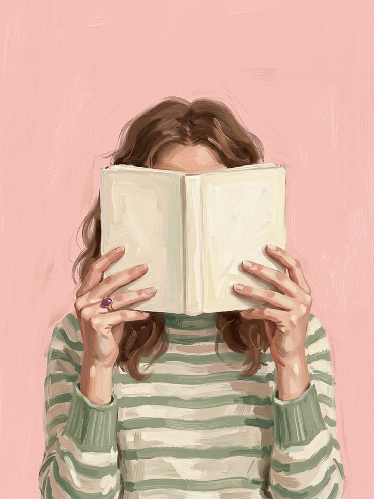 Woman Reading Book Art Print: Contemporary Pink Portrait - artwork on paper