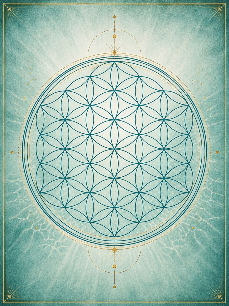 Flower of Life Mandala Print: Spiritual Wall Art (Teal & Gold) - artwork on paper