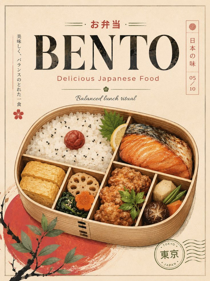 Vintage Japanese Bento Box Print: Retro Food Illustration - artwork on paper
