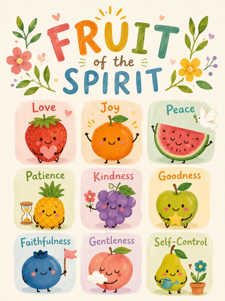 Fruit of the Spirit Wall Art: Kawaii Character Illustration - artwork on paper