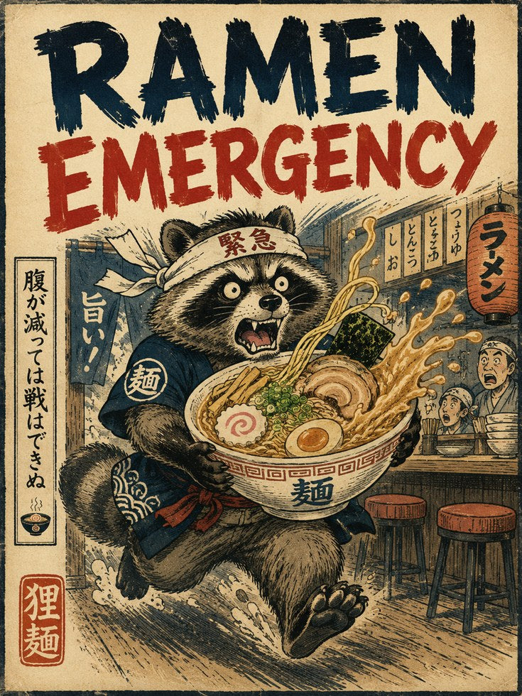 Ramen Emergency Raccoon Art Print: Vintage Japanese Poster Style - artwork on paper