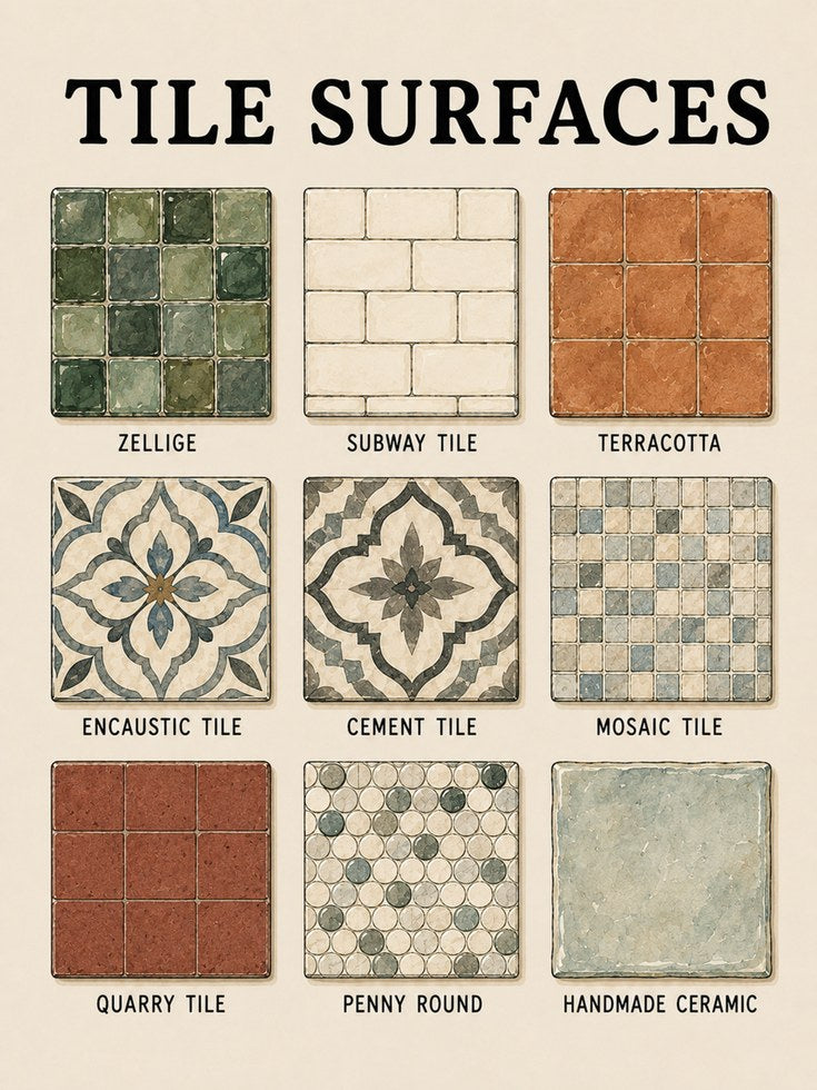 Tile Surfaces Chart Wall Art: Vintage Architectural Reference - artwork on paper