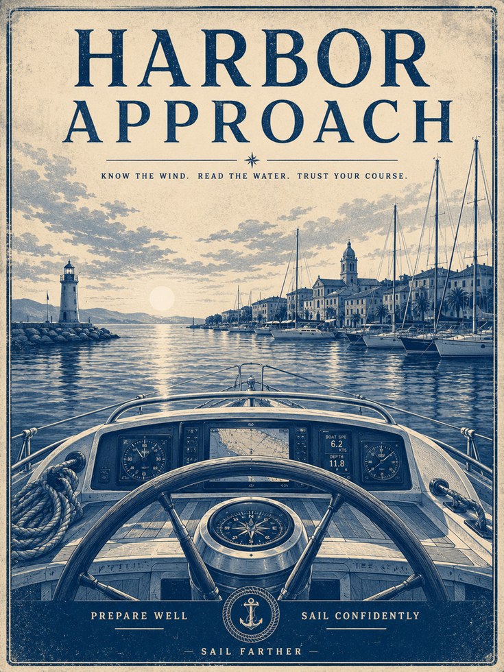 Harbor Approach Poster: Vintage Nautical Blue Sailing Art Print - artwork on paper