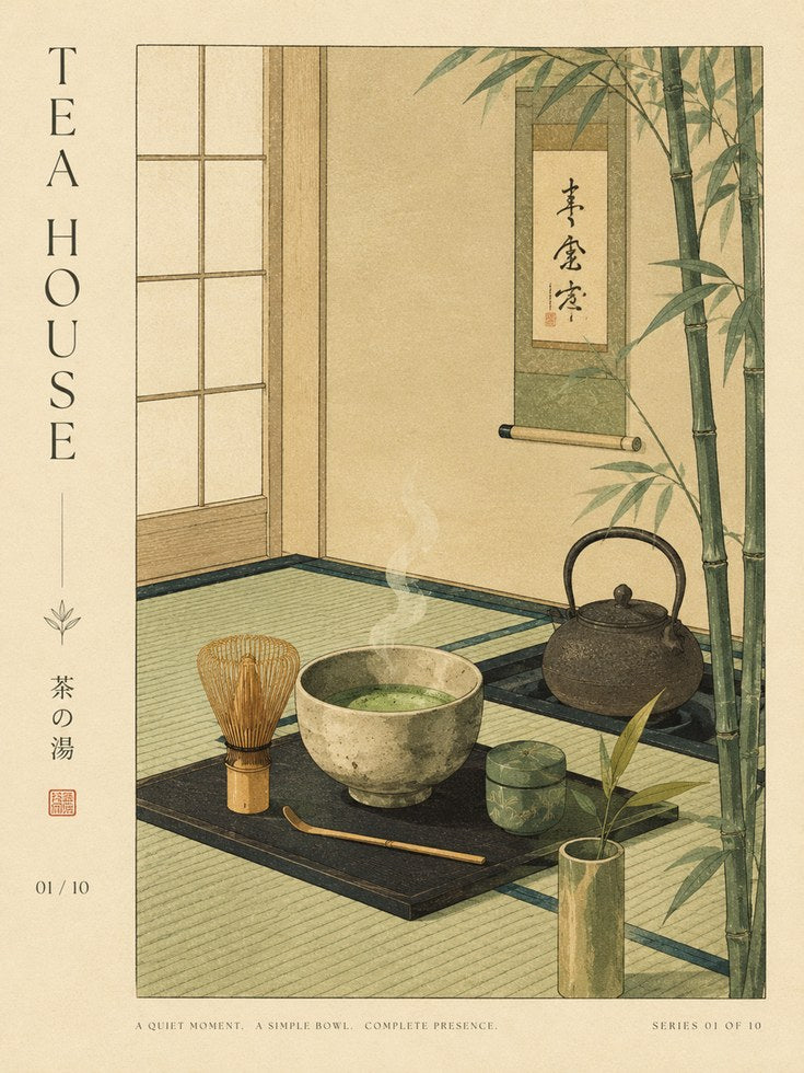 Japanese Tea House Art Print: Traditional Zen Ceremony Scene - artwork on paper