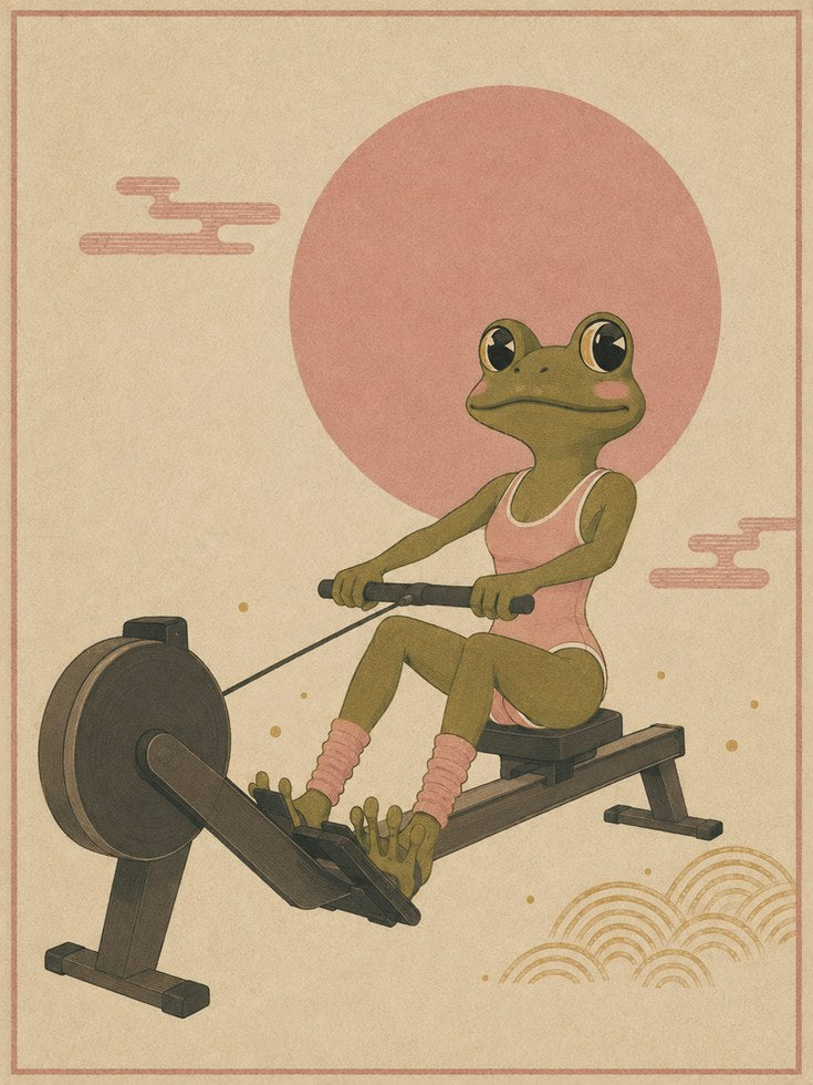 Frog on Rowing Machine Print: Japanese Vintage Illustration - artwork on paper