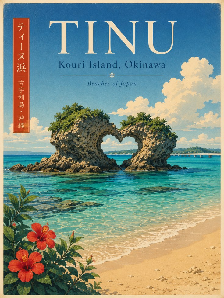 Tinu Beach Travel Poster: Vintage Okinawa Heart Rock Art - artwork on paper