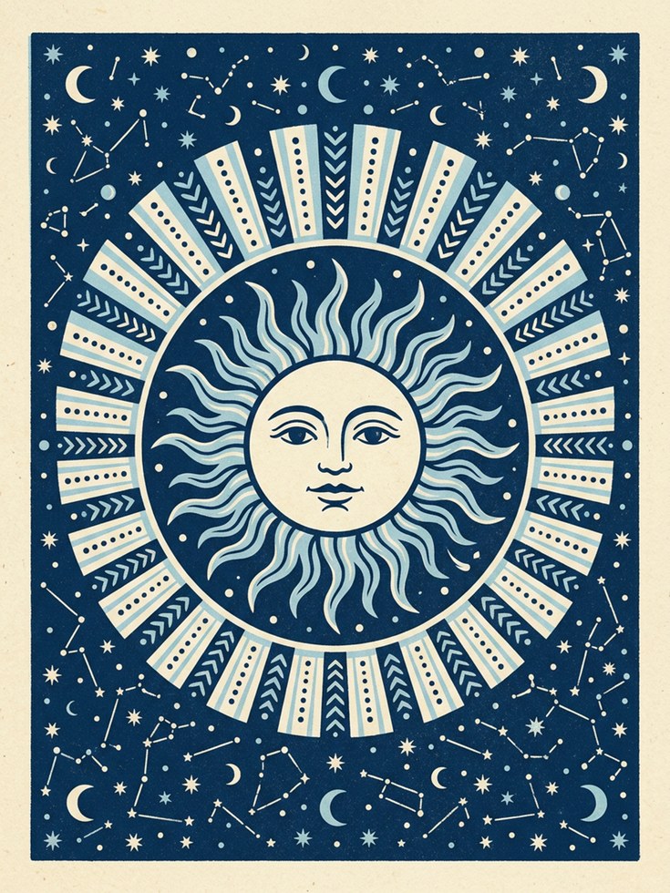 Celestial Sun Face Art Print: Blue Folk Pattern with Stars - artwork on paper