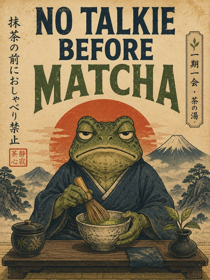 No Talkie Before Matcha Frog Poster: Japanese Woodblock Style - artwork on paper