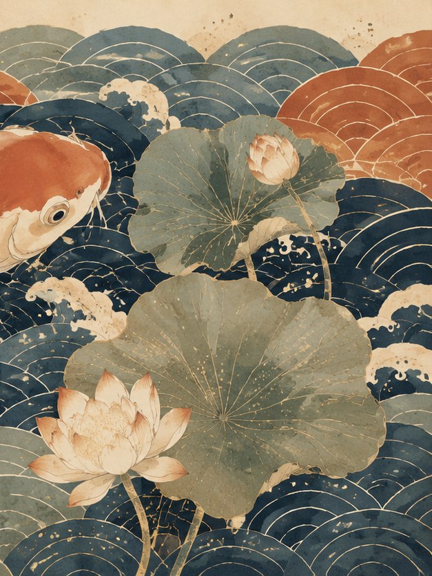 Koi And Lotus Wall Art: Japanese Wave Pattern With Navy Orange - artwork on paper