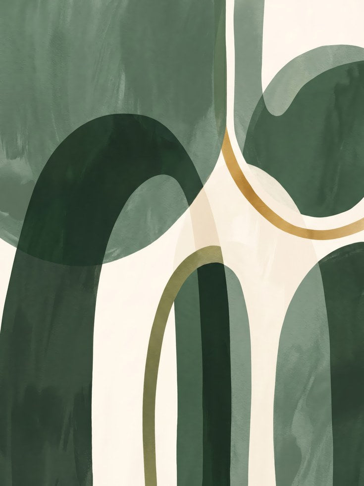 Mid-Century Modern Art Print: Green & Gold Organic Shapes - artwork on paper