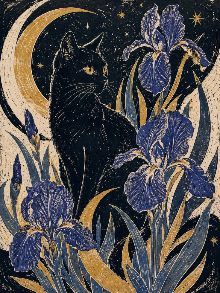 Black Cat and Iris Print — Art Nouveau Moon & Stars - artwork on paper