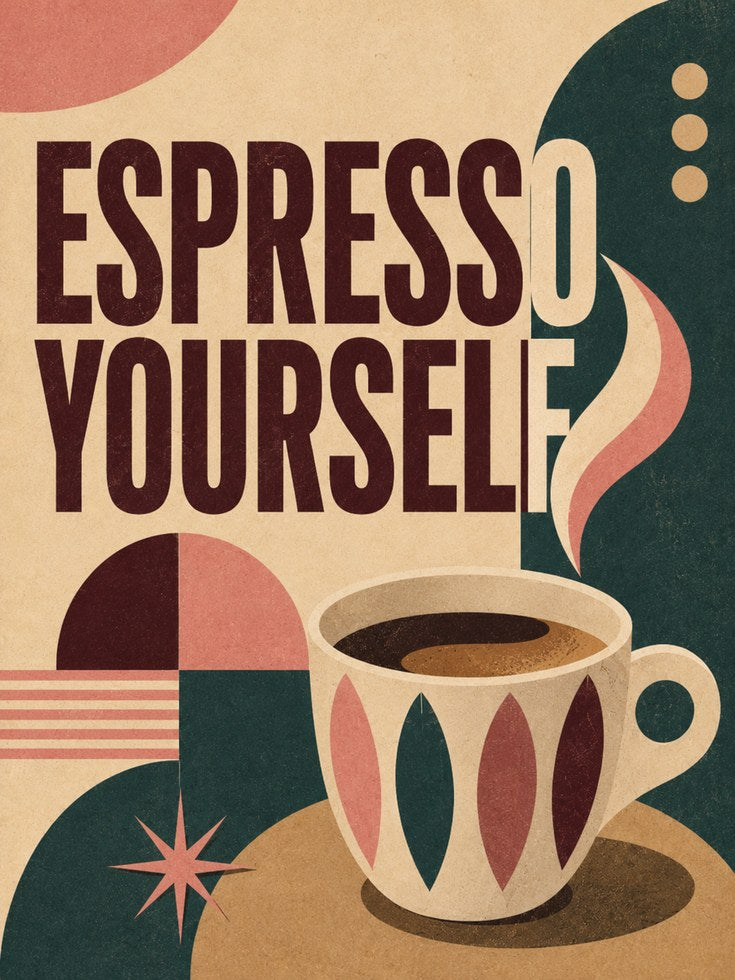 Espresso Yourself Retro Coffee Poster: Mid-Century Modern Design - artwork on paper