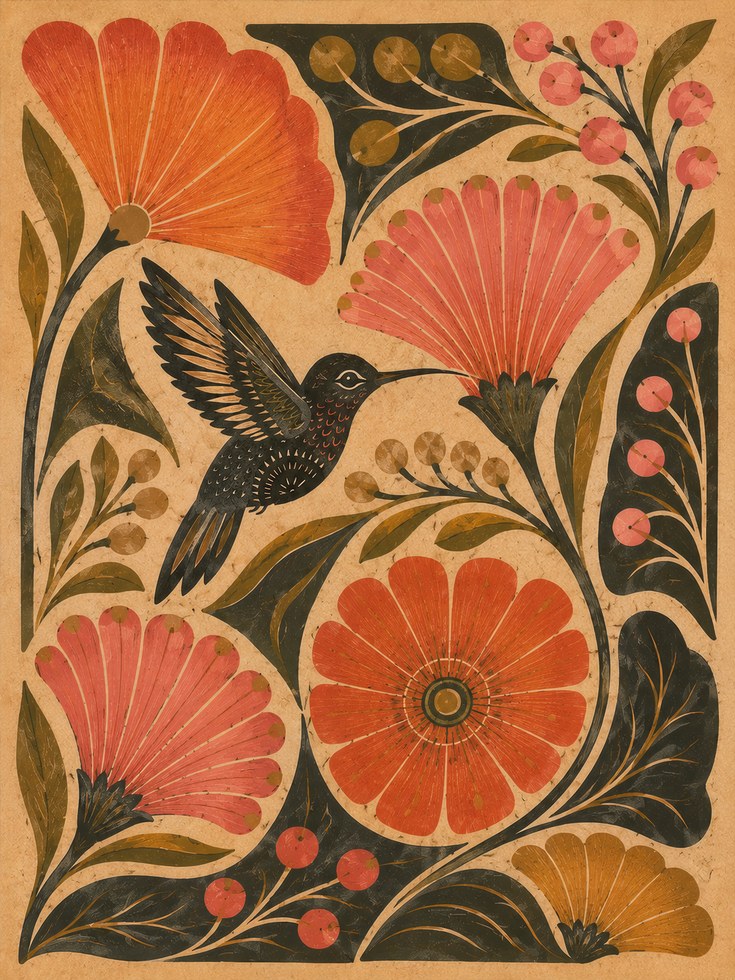 Hummingbird Folk Art Print — Vintage Floral Illustration - artwork on paper