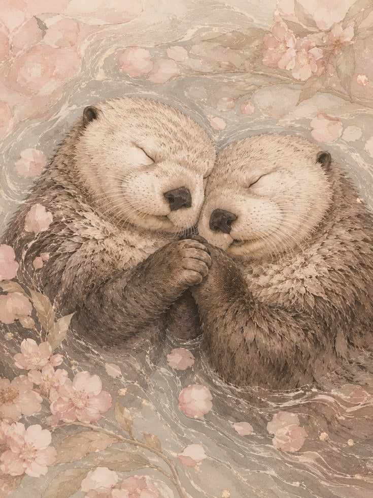 Whimsical Otter Art Print — Hand-Painted Cherry Blossom Illustration - artwork on paper