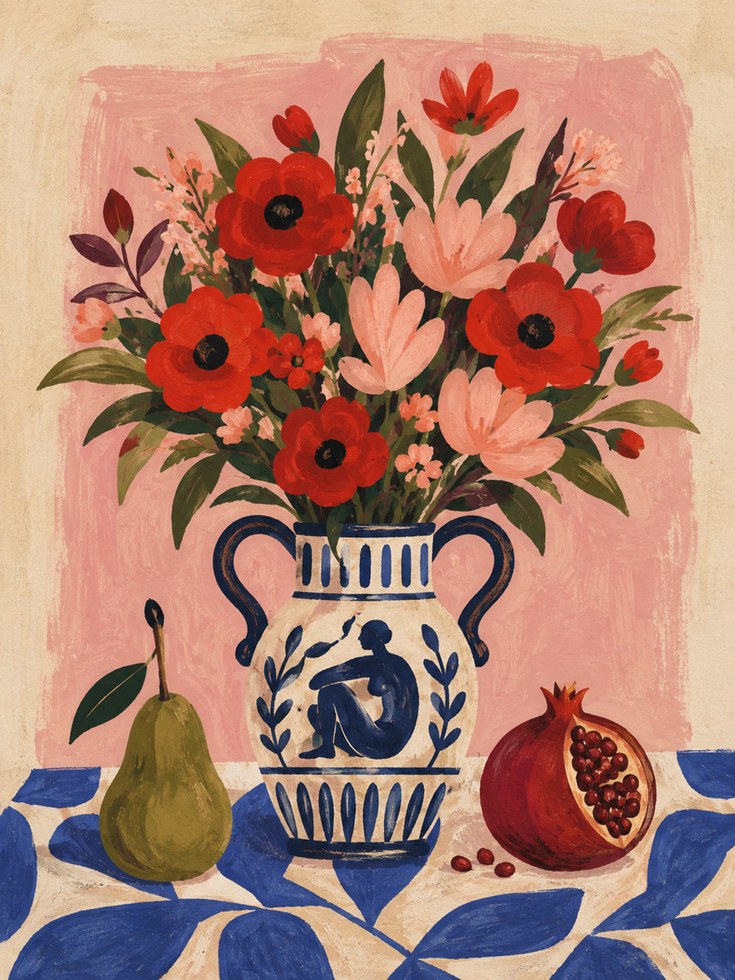 Floral Vase Wall Art – Folk Art Flowers Print - artwork on paper