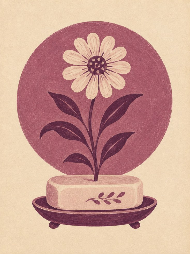 Folk Art Daisy Print: Vintage Mauve Botanical Illustration - artwork on paper