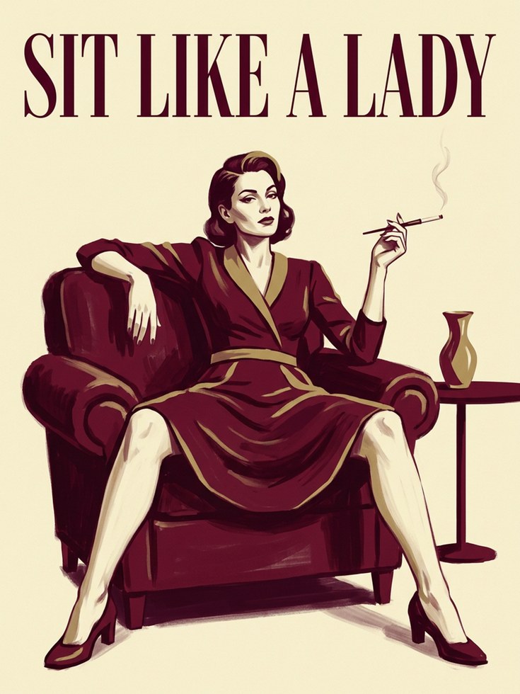 Sit Like a Lady Vintage Poster: Art Deco Burgundy Lounge Print - artwork on paper