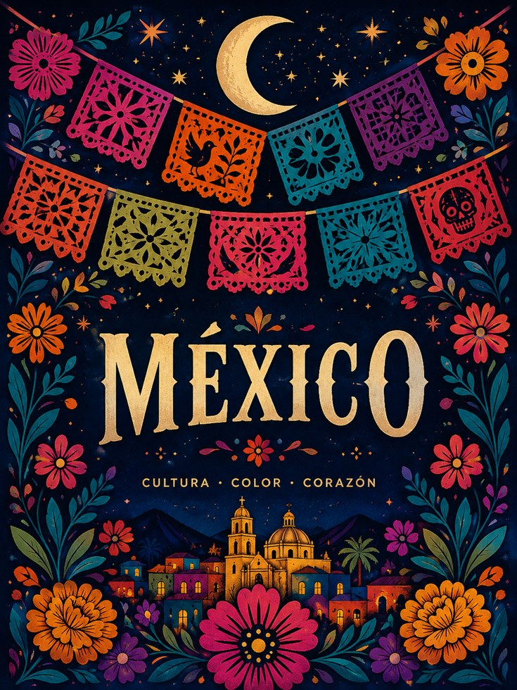 Mexico Travel Poster – Colorful Folk Art Print - artwork on paper