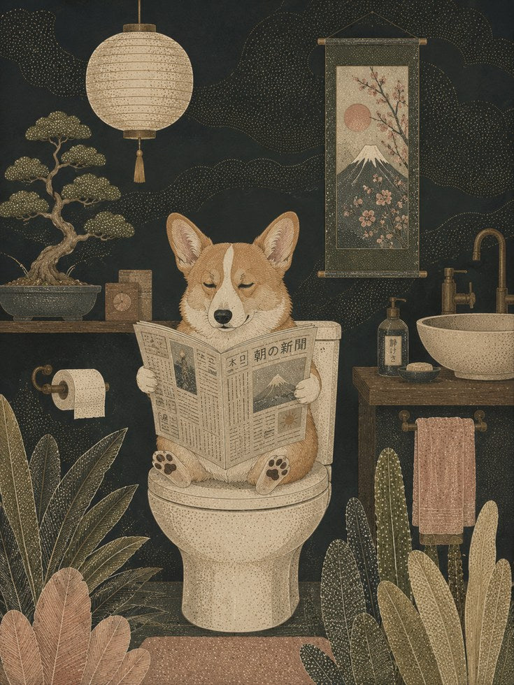 Corgi Reading Newspaper Bathroom Art - artwork on paper