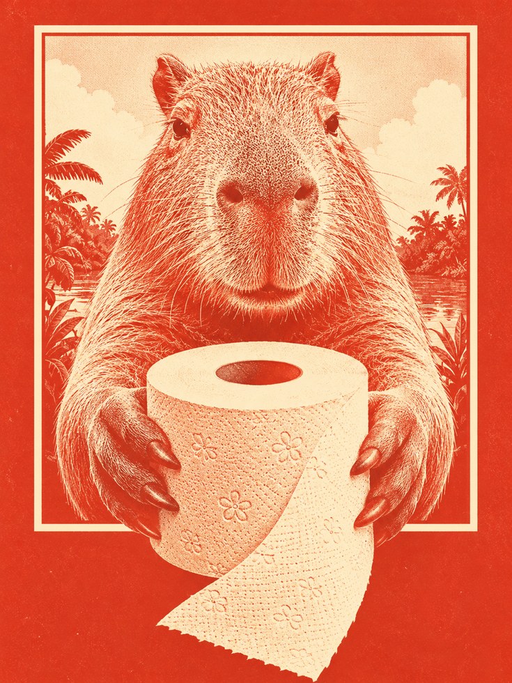 Capybara Wall Art: Quirky Retro Animal Print (Bathroom Decor) - artwork on paper