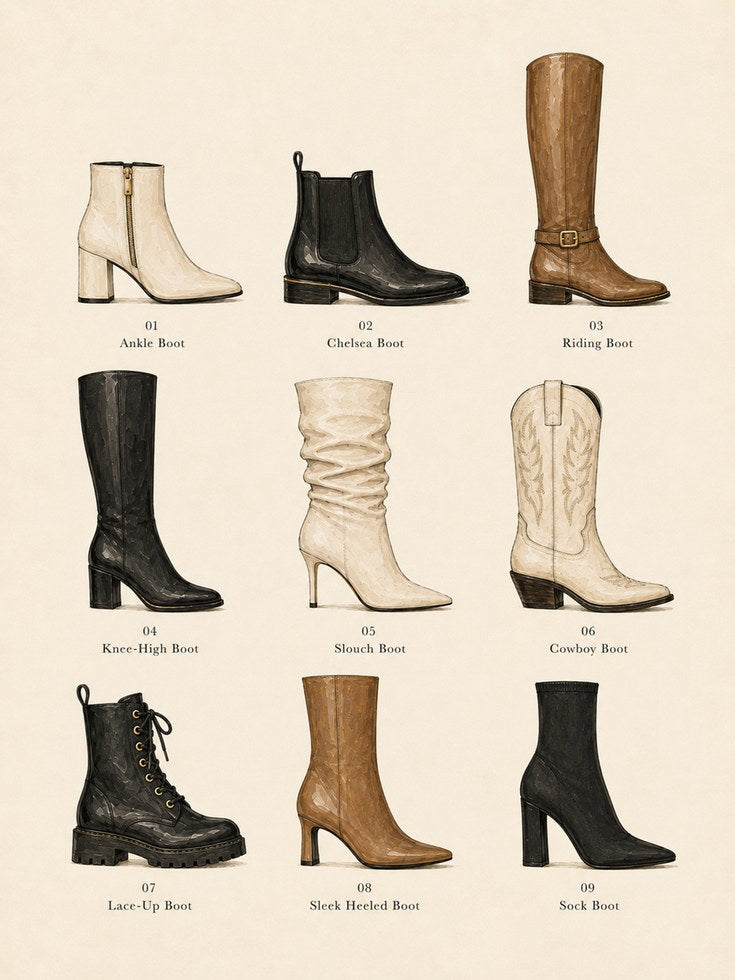 Boot Collection Chart: Vintage Fashion Illustration Art Print - artwork on paper
