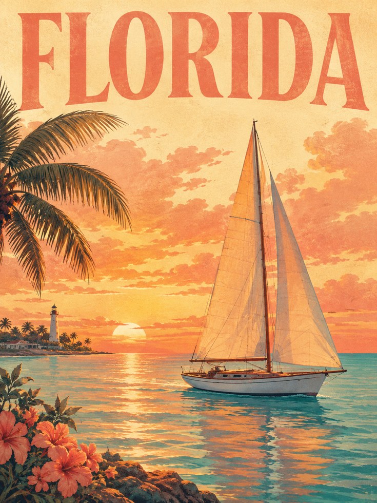 Florida Sunset Sailboat Poster: Vintage Travel Art Print - artwork on paper