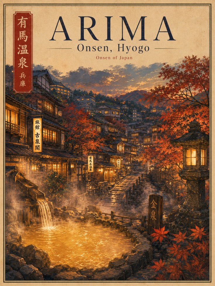 Arima Onsen Hot Springs Poster: Japanese Autumn Travel Art - artwork on paper