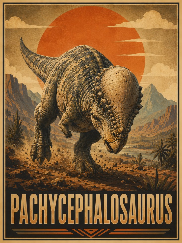 Pachycephalosaurus Dinosaur Poster: Vintage Desert Sunset Art Print - artwork on paper