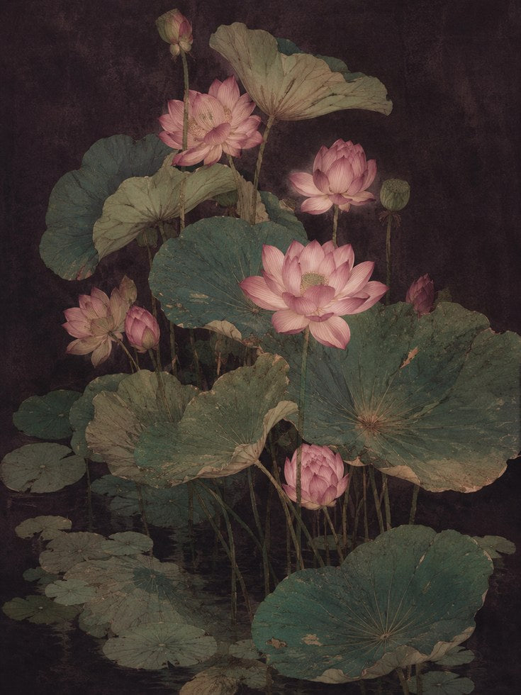 Lotus Flower Botanical Print – Vintage Asian Inspired Dark Moody Wall - artwork on paper