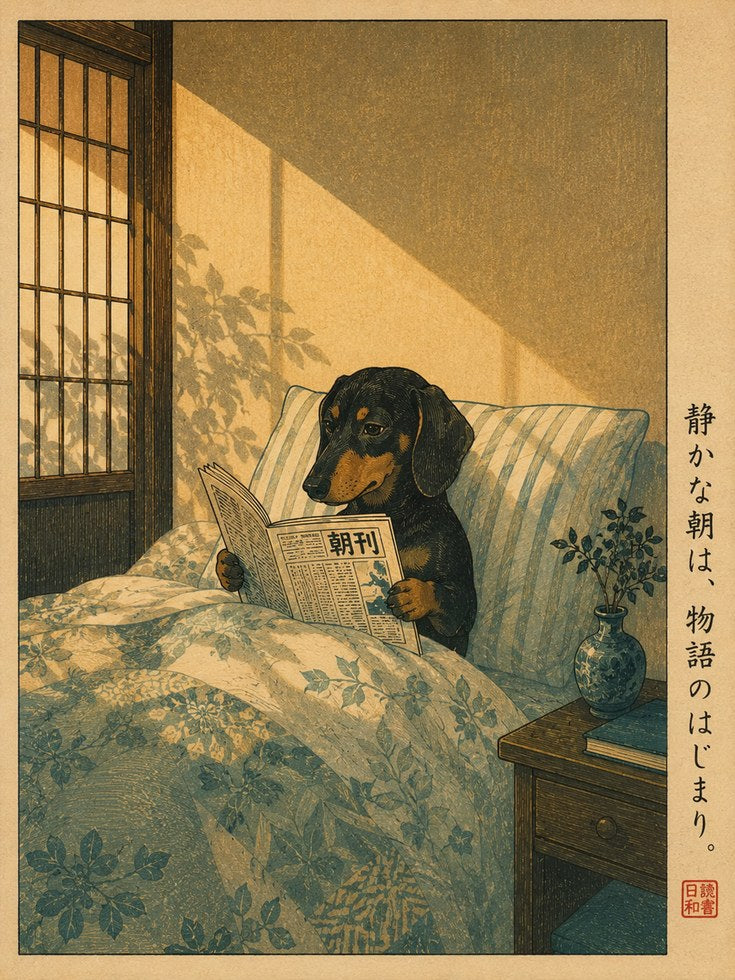 Japanese Dog Reading Art – Dachshund Wall Print - artwork on paper