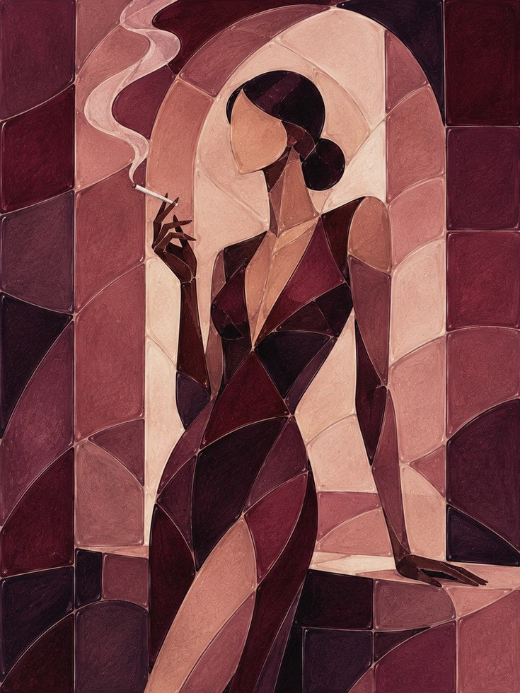 Art Deco Woman With Cigarette: Geometric Burgundy Wall Art - artwork on paper
