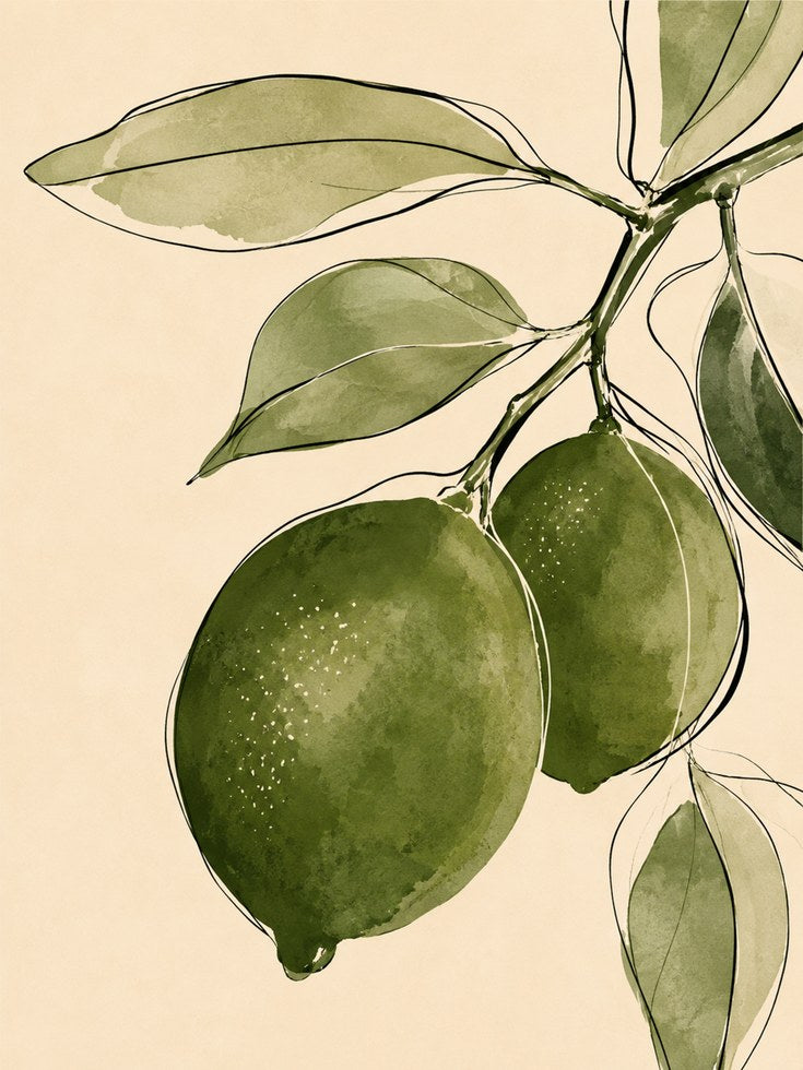 Lemon Botanical Print – Green Fruit Wall Art - artwork on paper
