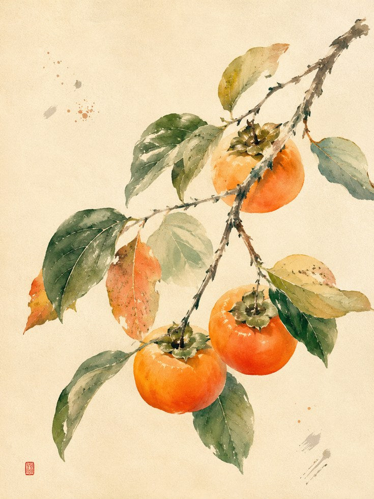 Persimmon Watercolor Print – Botanical Wall Art - artwork on paper