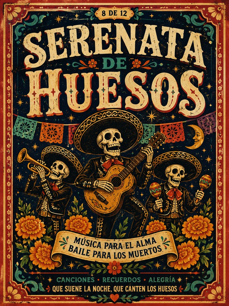 Day of the Dead Print: Vibrant Mexican Folk Art (Mariachi Skeletons) - artwork on paper