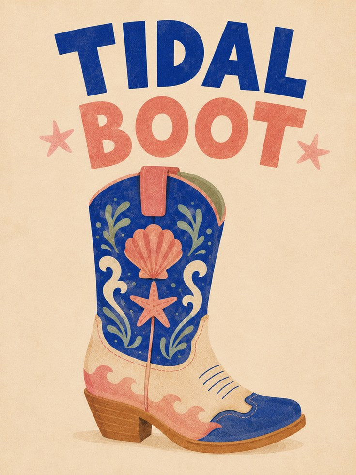 Tidal Boot Print: Coastal Western Cowboy Art with Seashells - artwork on paper