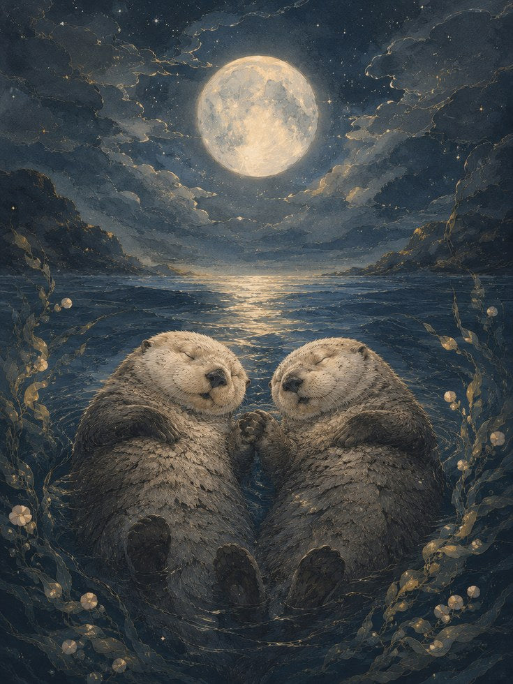 Sea Otters Holding Hands Print — Romantic Moonlight Ocean Scene - artwork on paper