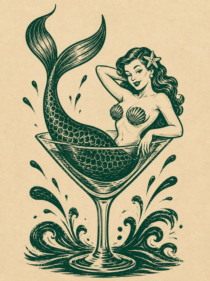 Vintage Mermaid Martini Glass Print: Retro Nautical Wall Art - artwork on paper