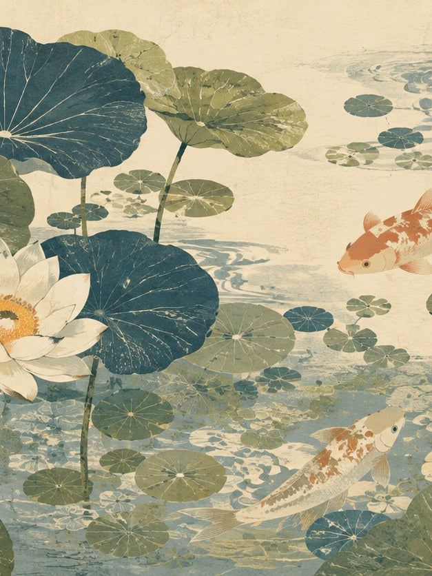 Koi Fish and Lotus Pond Art Print: Japanese Botanical Design - artwork on paper