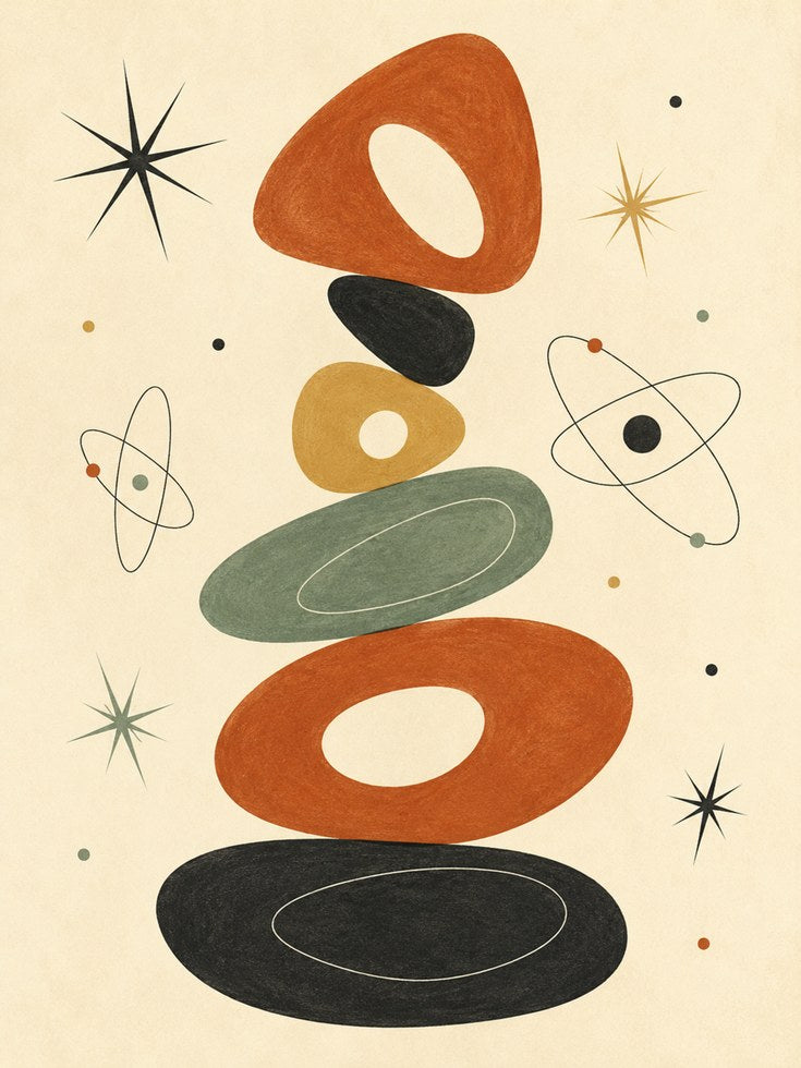 Mid-Century Modern Atomic Balance Print: Retro Geometric Art - artwork on paper