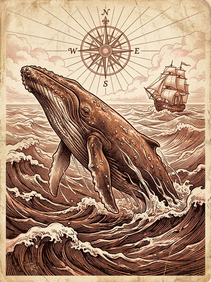 Whale Wall Art: Vintage Nautical Compass - artwork on paper