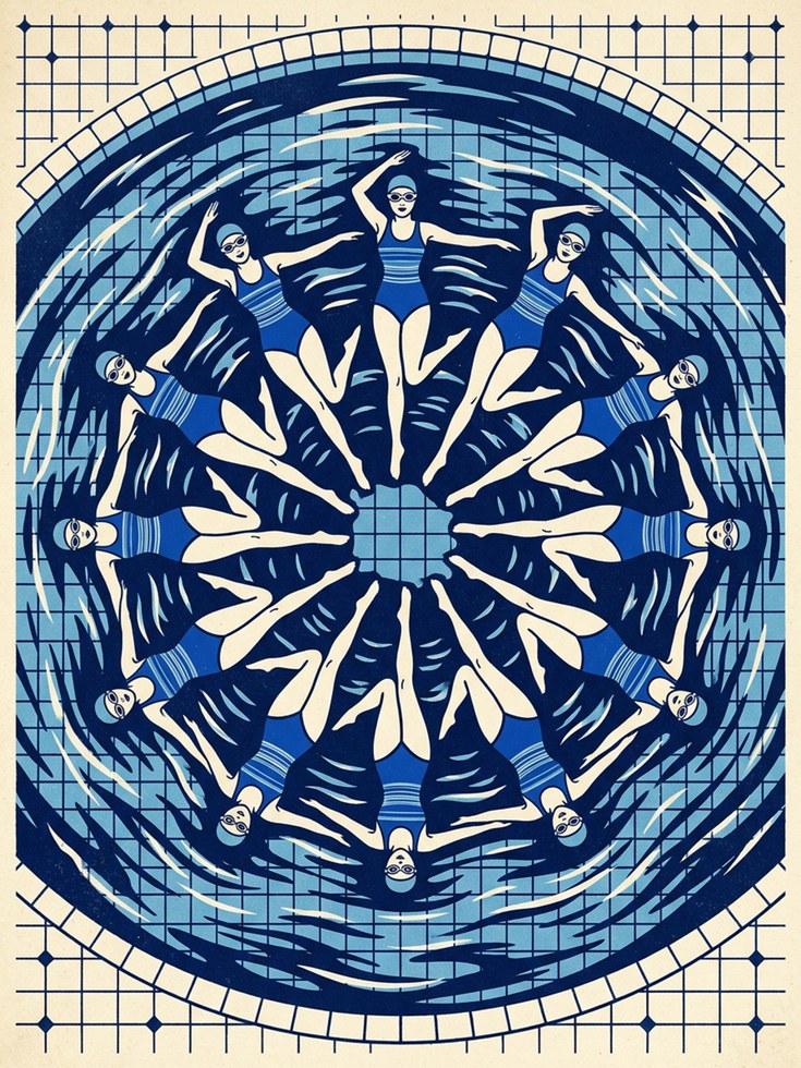 Synchronized Swimmers Mandala: Art Deco Blue Pool Print - artwork on paper