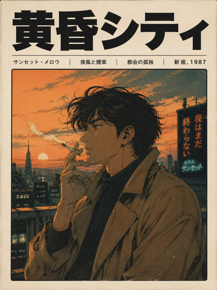 Retro Anime Cityscape Poster – 1980s Japanese Sunset Urban Wall Art - artwork on paper