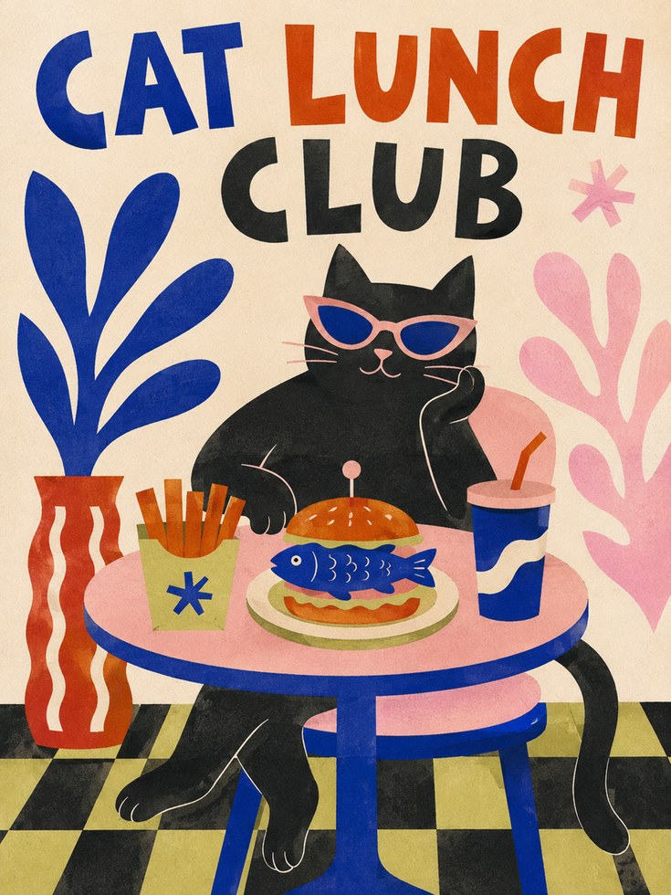 Cat Kitchen Wall Art – Retro Cat Print - artwork on paper